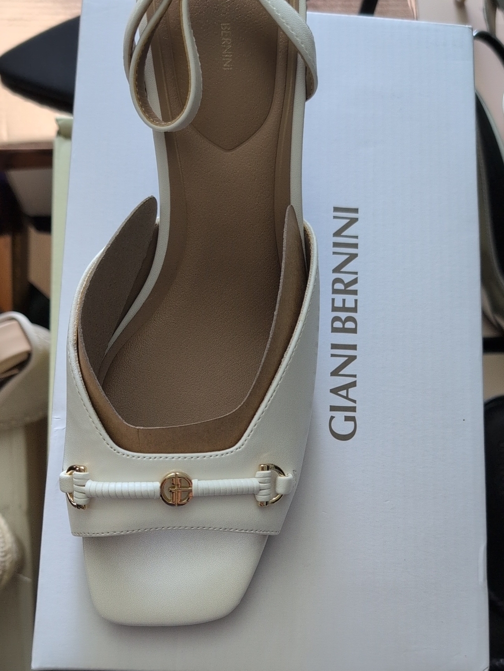 Giani Bernini White Leather Square-Toe Ankle-Strap Mule with Gold Accent